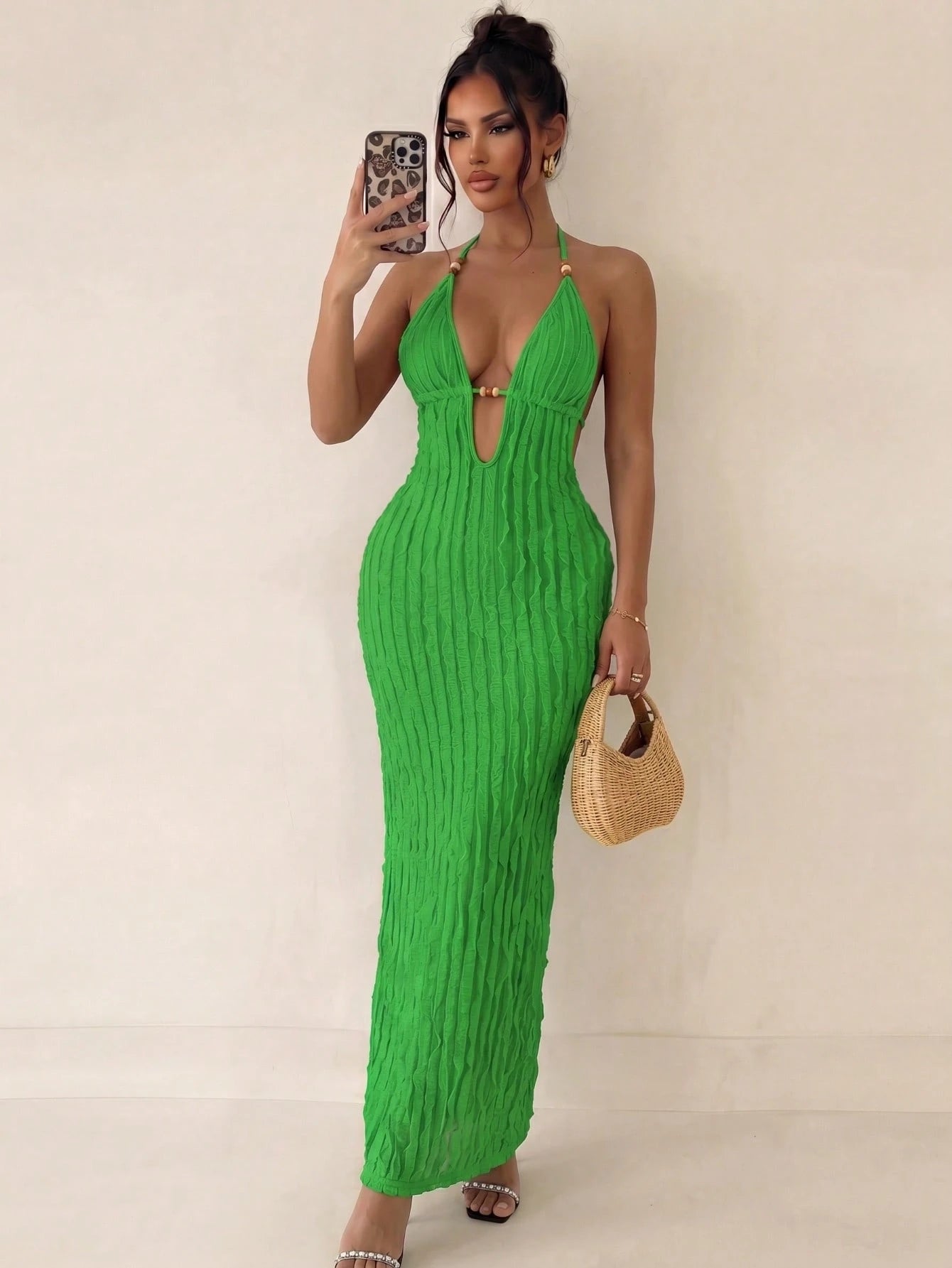 Swim SXY Women's New Summer Yellow Sexy Deep VU Neck Long Bag Yellow Fringe Fabric Dress, Amber Beaded Decorative Design, Suitable For Beach Vacation