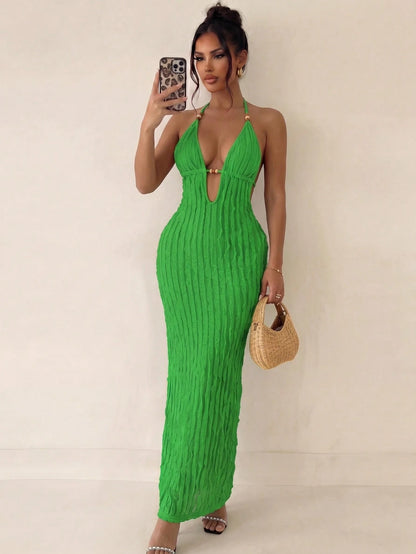 Swim SXY Women's New Summer Yellow Sexy Deep VU Neck Long Bag Yellow Fringe Fabric Dress, Amber Beaded Decorative Design, Suitable For Beach Vacation