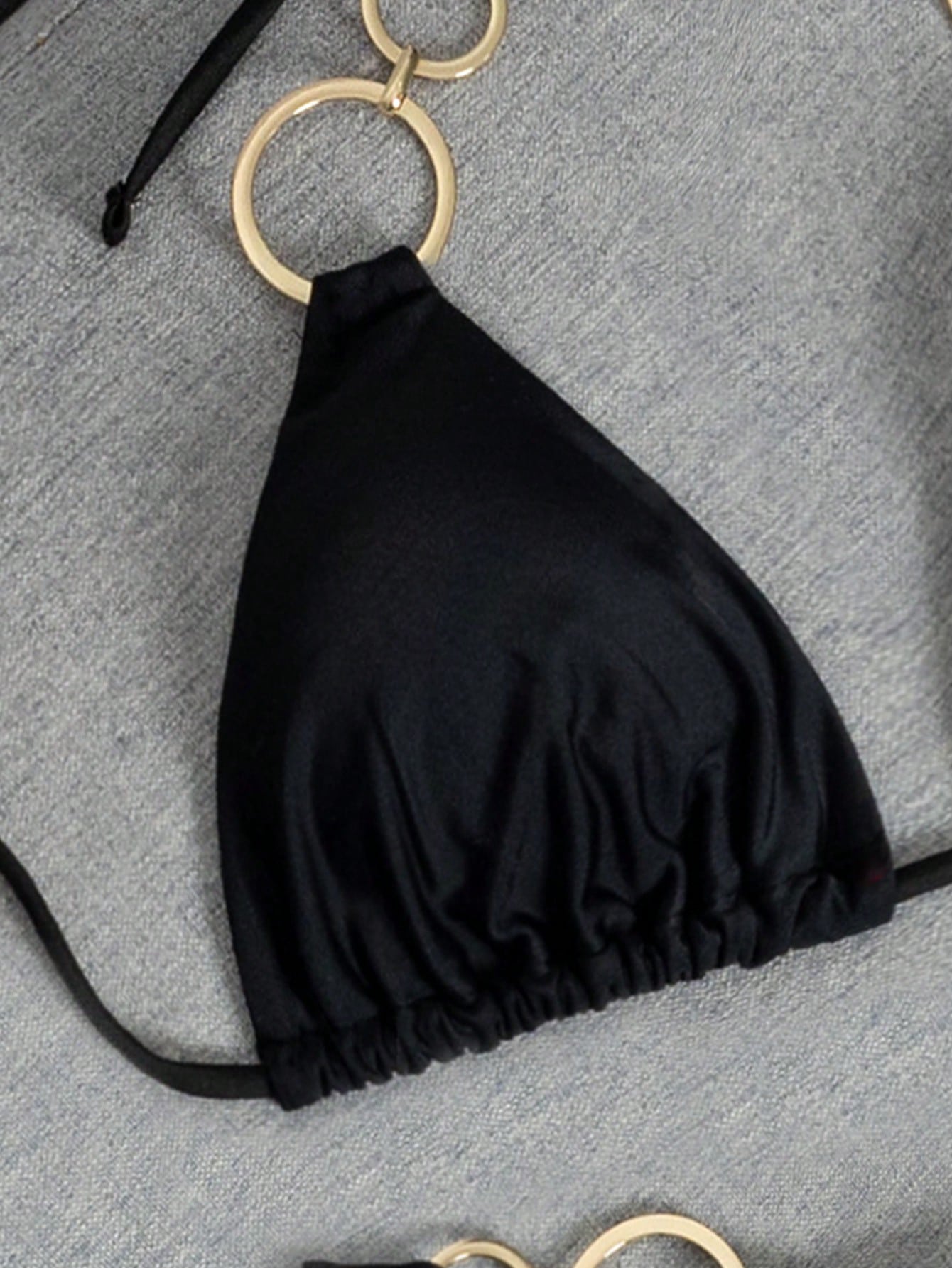 Swim SXY Women's Plain Black Halter Thong Bikini Set With Ring Embellishments Fabric Swimwear Short