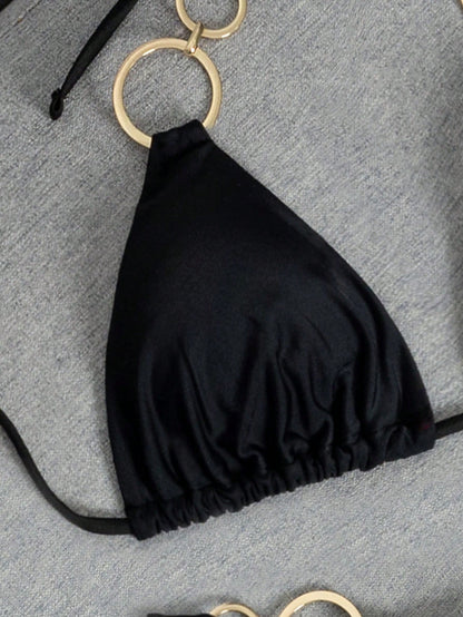 Swim SXY Women's Plain Black Halter Thong Bikini Set With Ring Embellishments Fabric Swimwear Short
