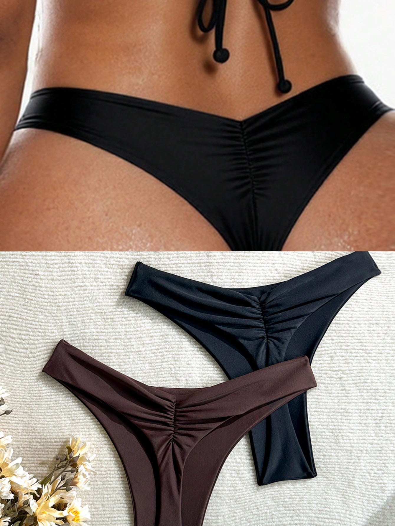 Swim SXY Women's Pleated Triangle Bikini Bottoms 2pcs Set, Suitable For Summer Vacation And Beach