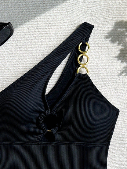 Swim SXY Women's Solid Color Cutout One-Piece Swimsuit With Circular Ring Connection, Sexy Design For Vacation