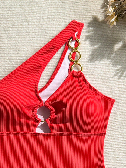 Swim SXY Women's Solid Color Cutout One-Piece Swimsuit With Circular Ring Connection, Sexy Design For Vacation