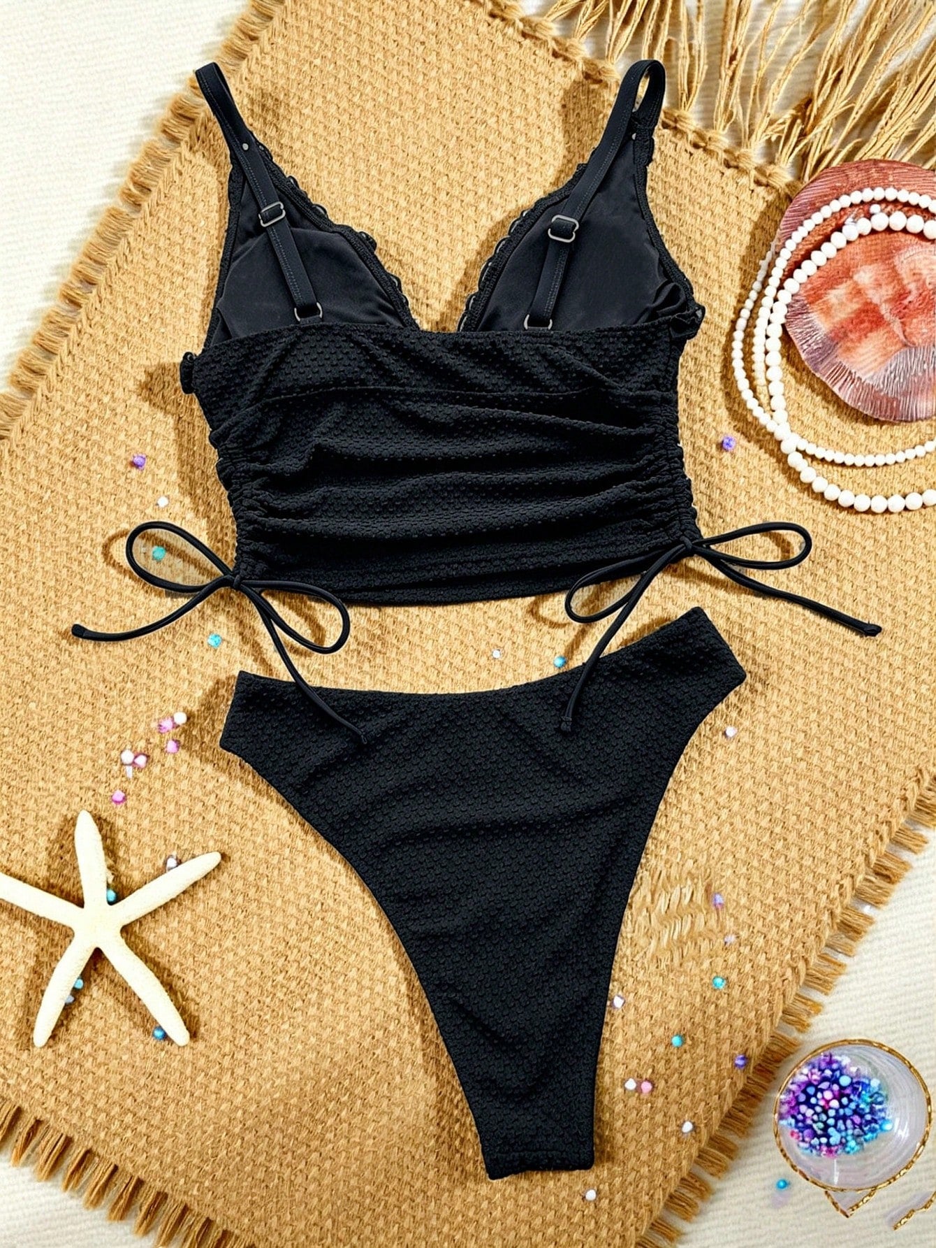 Swim SXY Women's Summer 2-Piece Beach Outfit, Black Knit Jacquard Fabric, Deep V-Neck, Adjustable Double Shoulder Straps, Ruched Casual Beach Wear, Pool Party Bikini Set, Two Pieces Swimsuit