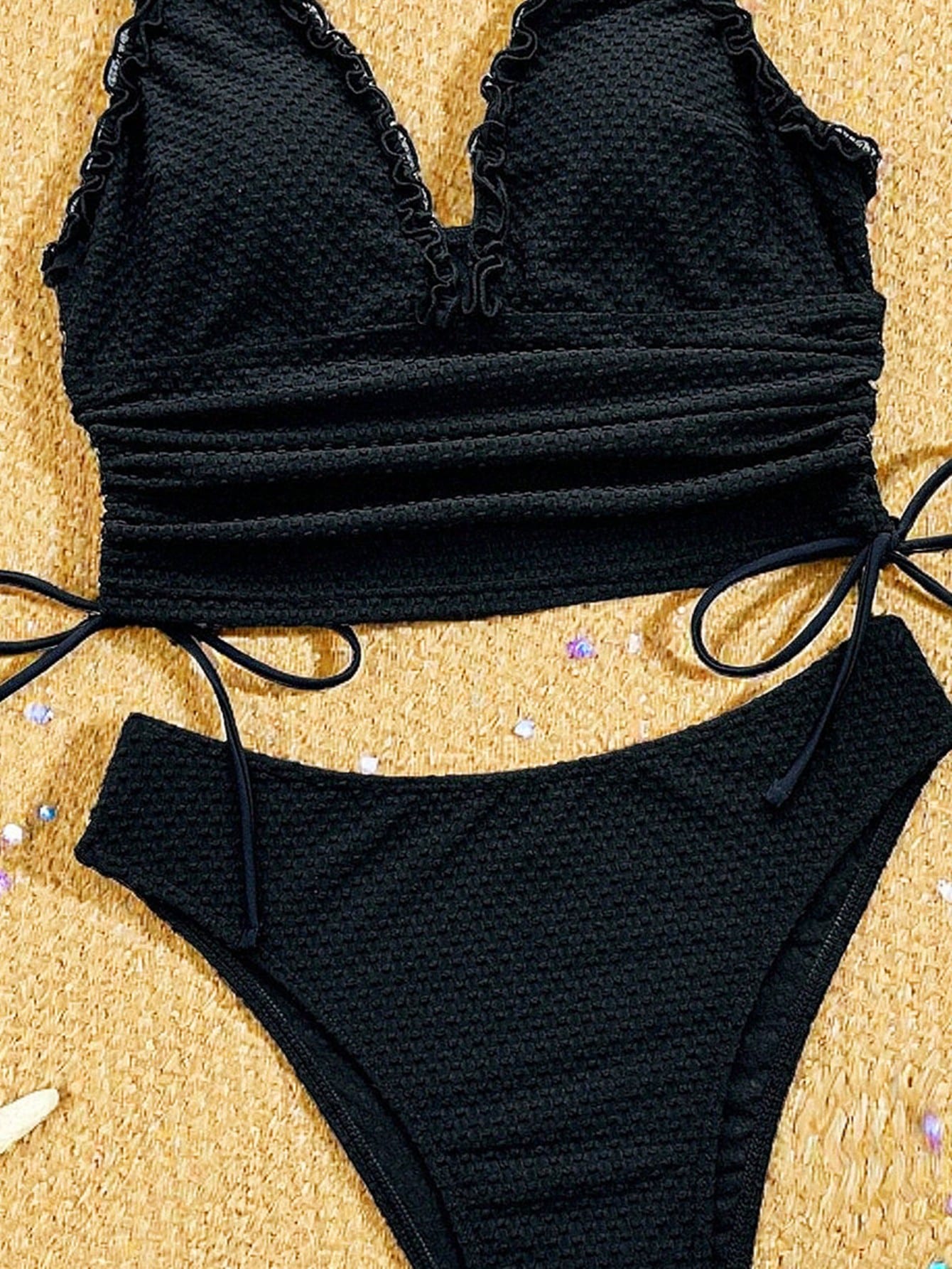 Swim SXY Women's Summer 2-Piece Beach Outfit, Black Knit Jacquard Fabric, Deep V-Neck, Adjustable Double Shoulder Straps, Ruched Casual Beach Wear, Pool Party Bikini Set, Two Pieces Swimsuit