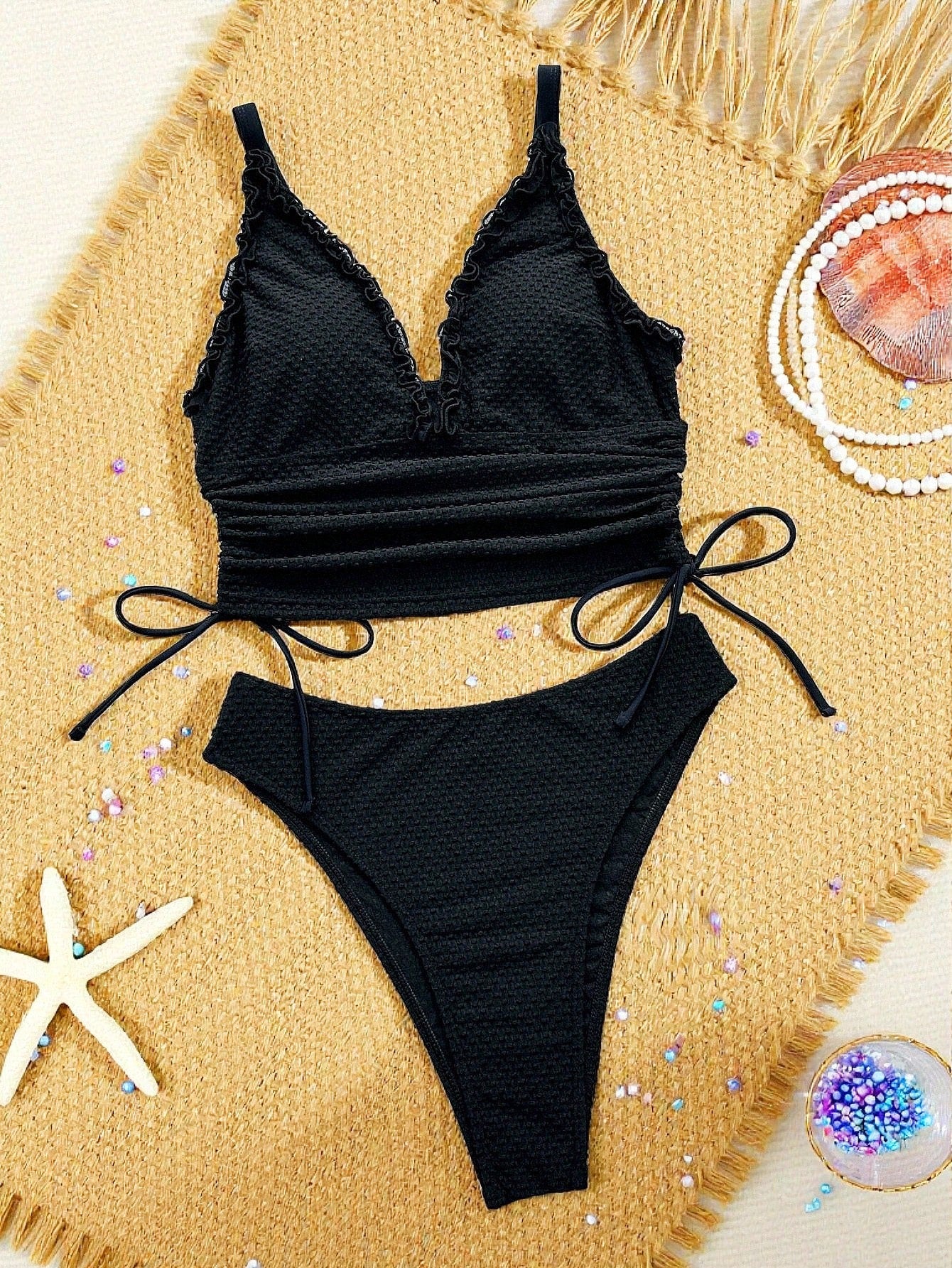 Swim SXY Women's Summer 2-Piece Beach Outfit, Black Knit Jacquard Fabric, Deep V-Neck, Adjustable Double Shoulder Straps, Ruched Casual Beach Wear, Pool Party Bikini Set, Two Pieces Swimsuit