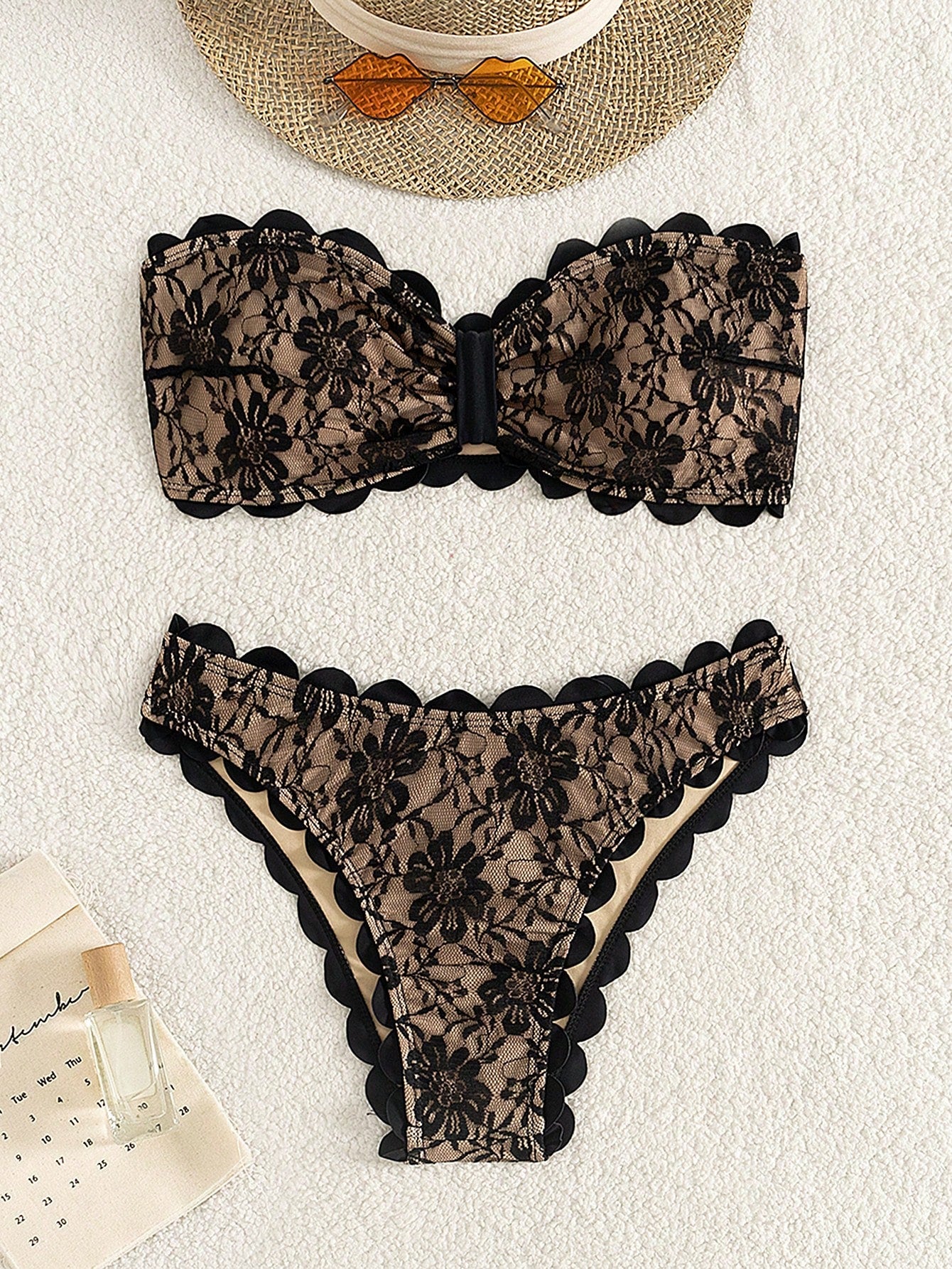 Swim SXY Women's Summer Beach Floral Lace Bandeau Sexy Bikini Set, Two-Piece Bikini Set