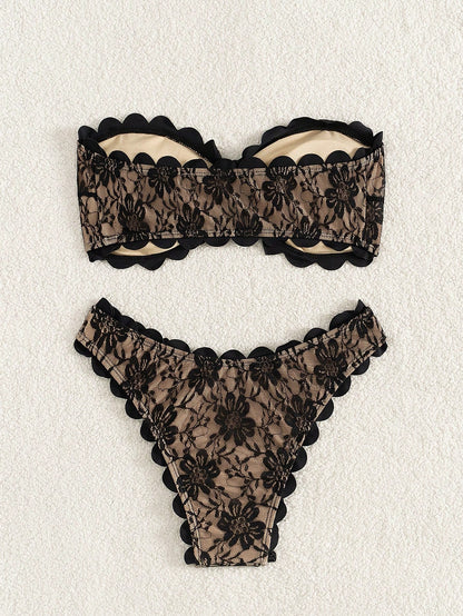 Swim SXY Women's Summer Beach Floral Lace Bandeau Sexy Bikini Set, Two-Piece Bikini Set