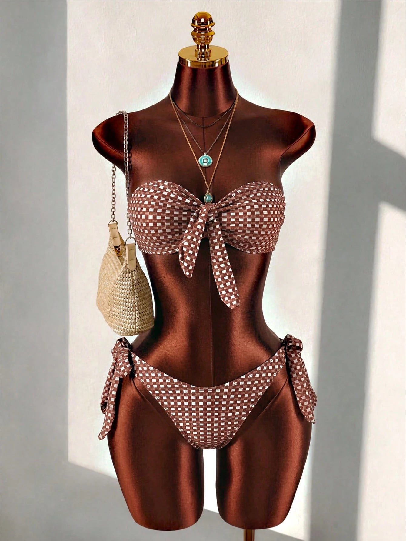 Swim SXY Women's Summer Beach New Sexy Leopard Print Floral Placement Print Back Tie Bandeau Bikini Top And Side Tie Bikini Bottom 2-Piece Swimsuit Set