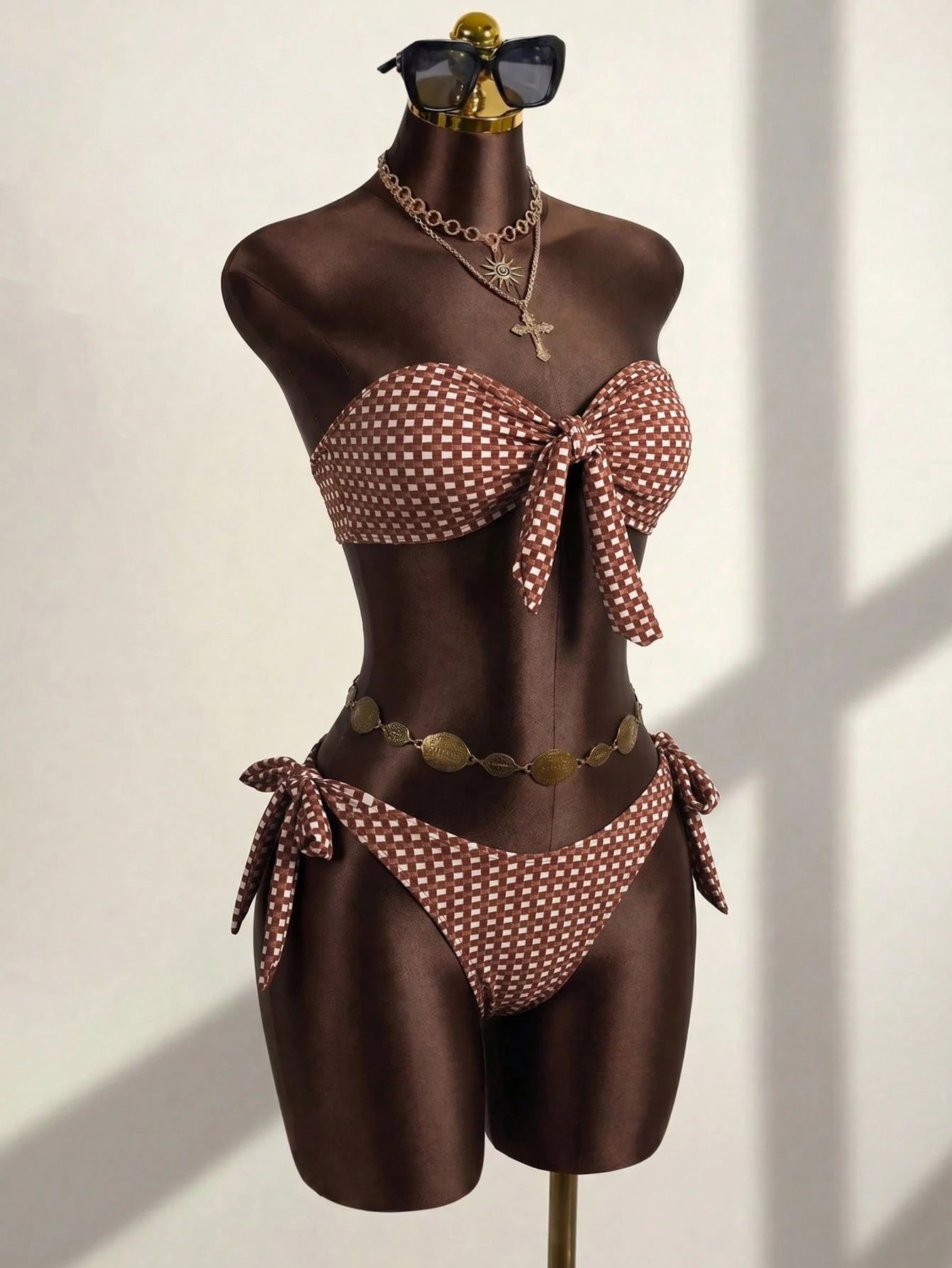 Swim SXY Women's Summer Beach New Sexy Leopard Print Floral Placement Print Back Tie Bandeau Bikini Top And Side Tie Bikini Bottom 2-Piece Swimsuit Set