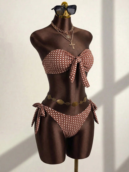 Swim SXY Women's Summer Beach New Sexy Leopard Print Floral Placement Print Back Tie Bandeau Bikini Top And Side Tie Bikini Bottom 2-Piece Swimsuit Set