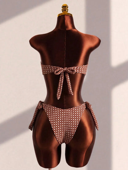 Swim SXY Women's Summer Beach New Sexy Leopard Print Floral Placement Print Back Tie Bandeau Bikini Top And Side Tie Bikini Bottom 2-Piece Swimsuit Set