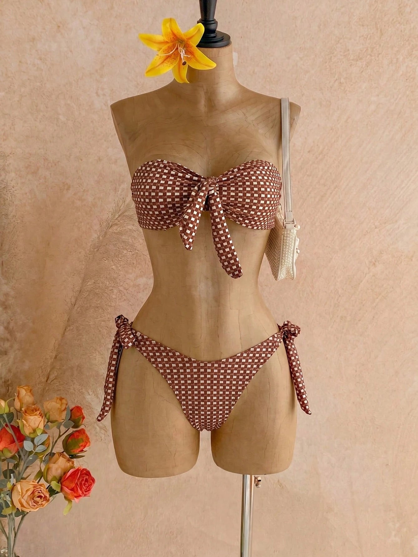 Swim SXY Women's Summer Beach New Sexy Leopard Print Floral Placement Print Back Tie Bandeau Bikini Top And Side Tie Bikini Bottom 2-Piece Swimsuit Set