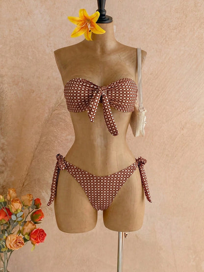 Swim SXY Women's Summer Beach New Sexy Leopard Print Floral Placement Print Back Tie Bandeau Bikini Top And Side Tie Bikini Bottom 2-Piece Swimsuit Set