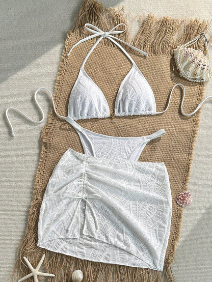 Swim SXY Women's Summer Beach Solid Color Halter Tie Sexy Bikini & Triangle Bottom Two-Piece Swimsuit Set With Mini Skirt