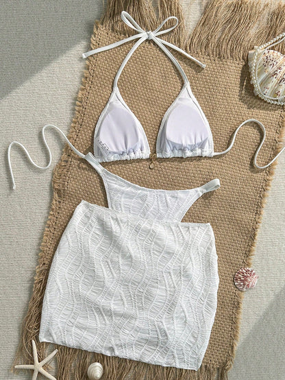Swim SXY Women's Summer Beach Solid Color Halter Tie Sexy Bikini & Triangle Bottom Two-Piece Swimsuit Set With Mini Skirt