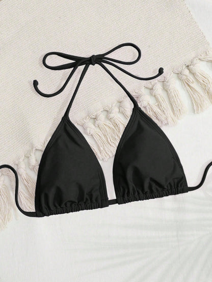 Swim SXY Women's Summer Beach Vacation Minimalist Solid Color Backless Tie-Front Bikini Top