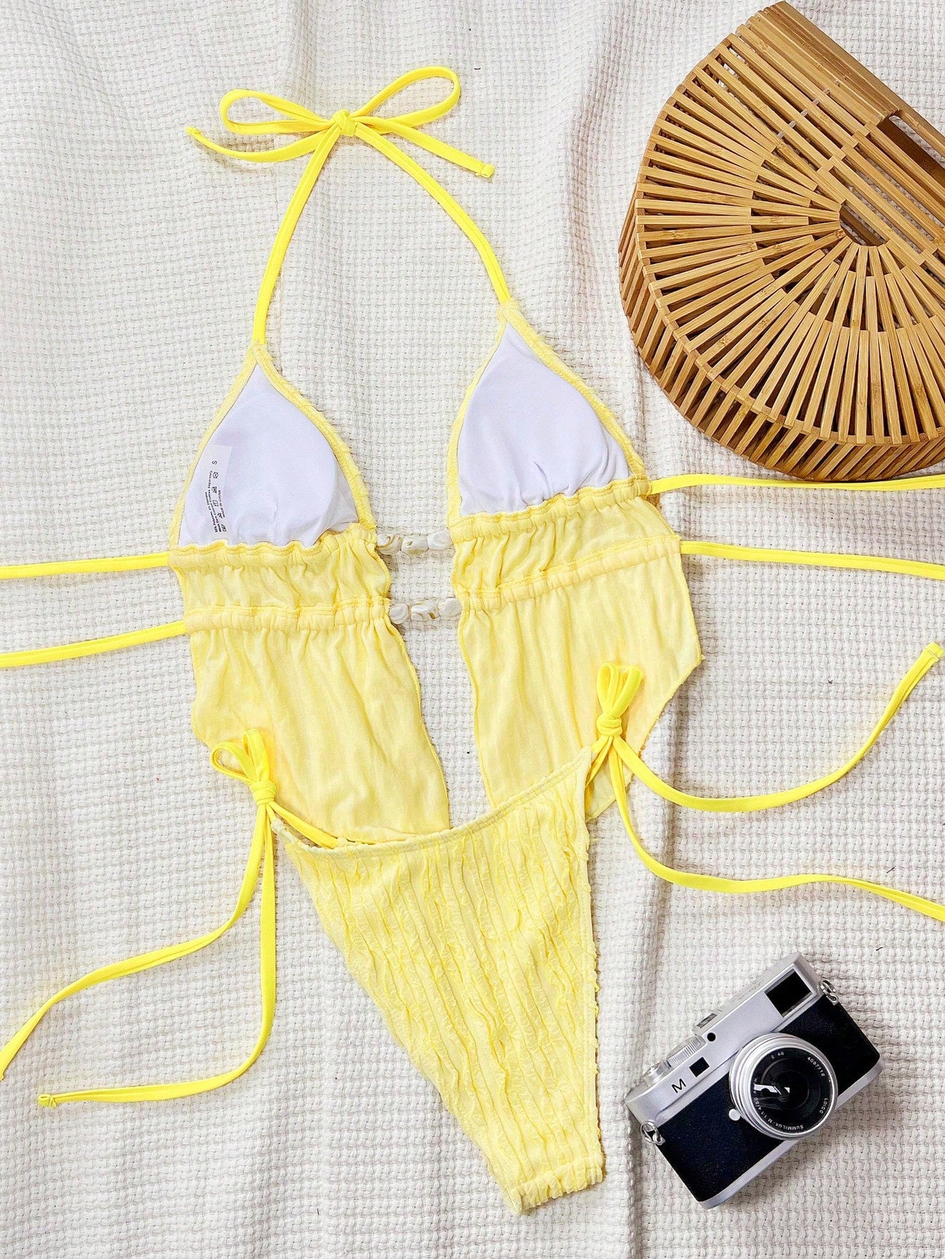 Swim SXY Women's Summer Solid Jacquard Fabric Strappy Backless Triangle Drawstring Halter Sexy Cute Girl Beach Bikini Set, Ladies Separate Swimsuit