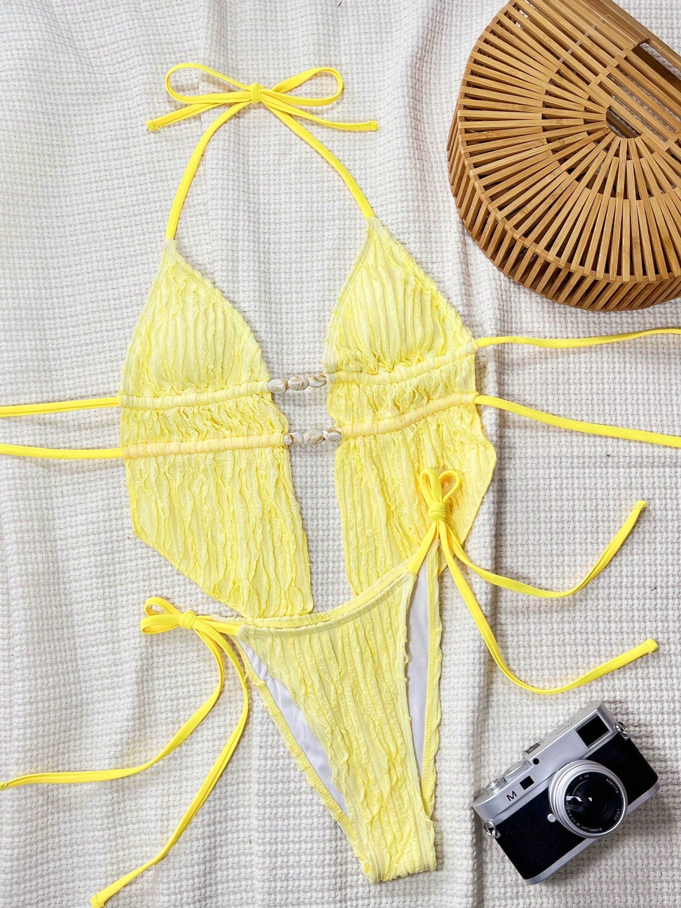 Swim SXY Women's Summer Solid Jacquard Fabric Strappy Backless Triangle Drawstring Halter Sexy Cute Girl Beach Bikini Set, Ladies Separate Swimsuit