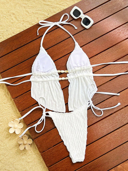 Swim SXY Women's Summer Solid Jacquard Fabric Strappy Backless Triangle Drawstring Halter Sexy Cute Girl Beach Bikini Set, Ladies Separate Swimsuit