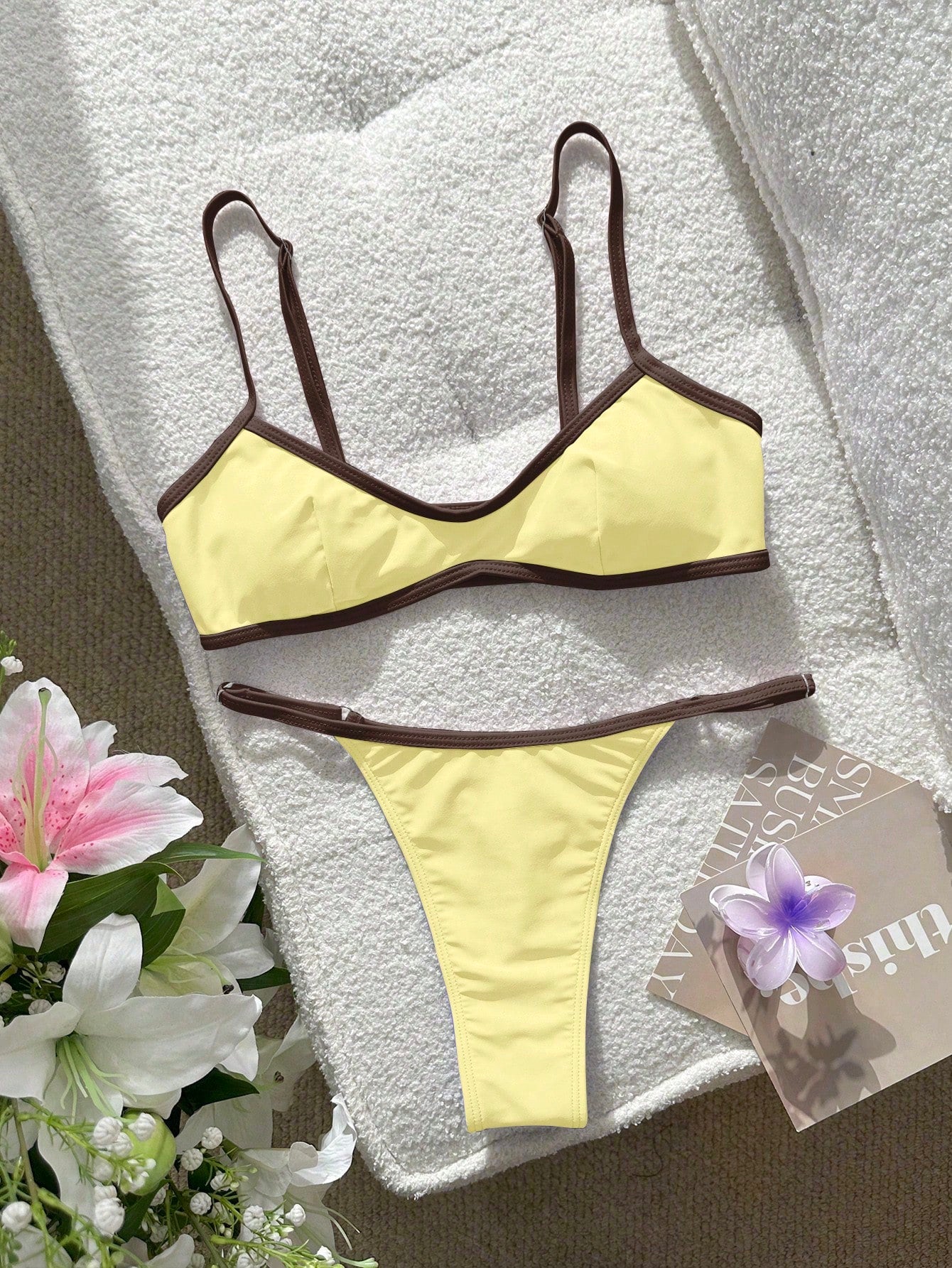 Swim SXY Women's Swimsuit Bikini Sexy Solid Plain Colour Block Bikinis, Bra Built-In Crop Top Camisole Swimsuit For Vacation,Beach Outfits,Y2K, Gym Matched Outfit For Woman Valentine's Newyear Party
