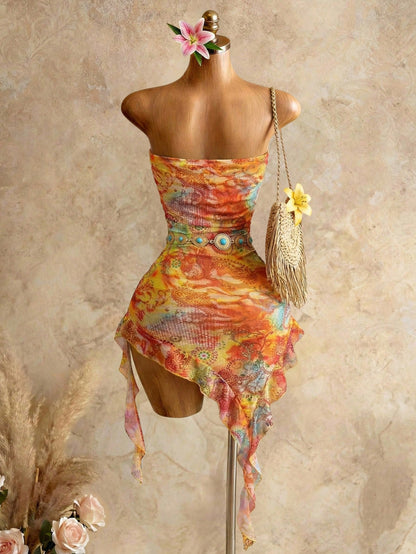 Swim SXY Women's Vacation Cashew Floral Print Patchwork Ruffle Asymmetric Hem Fitted Sexy Bandeau Dress,Vacation Outfits Women Elegant Summer