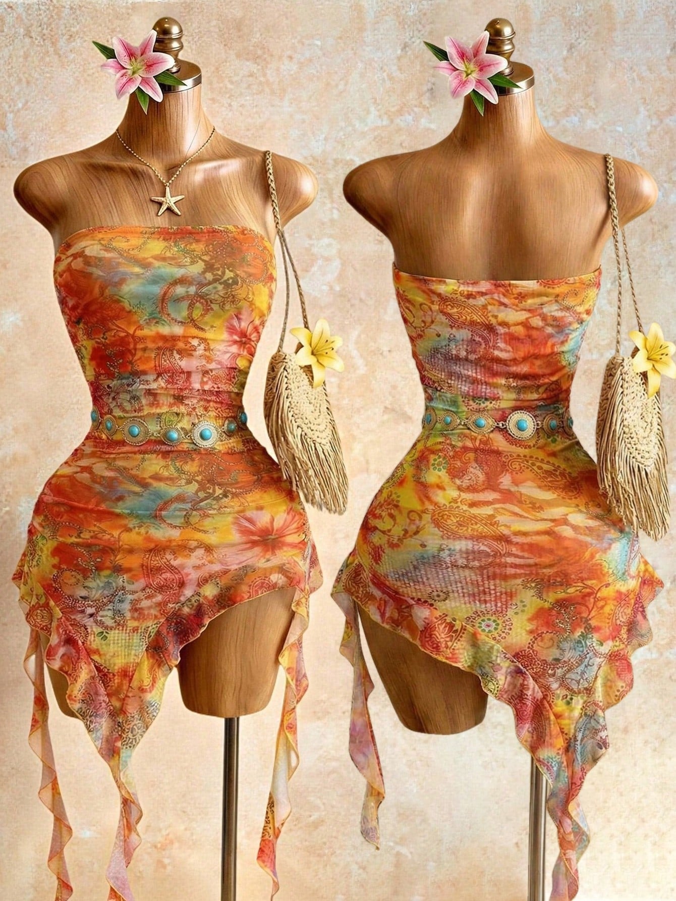 Swim SXY Women's Vacation Cashew Floral Print Patchwork Ruffle Asymmetric Hem Fitted Sexy Bandeau Dress,Vacation Outfits Women Elegant Summer