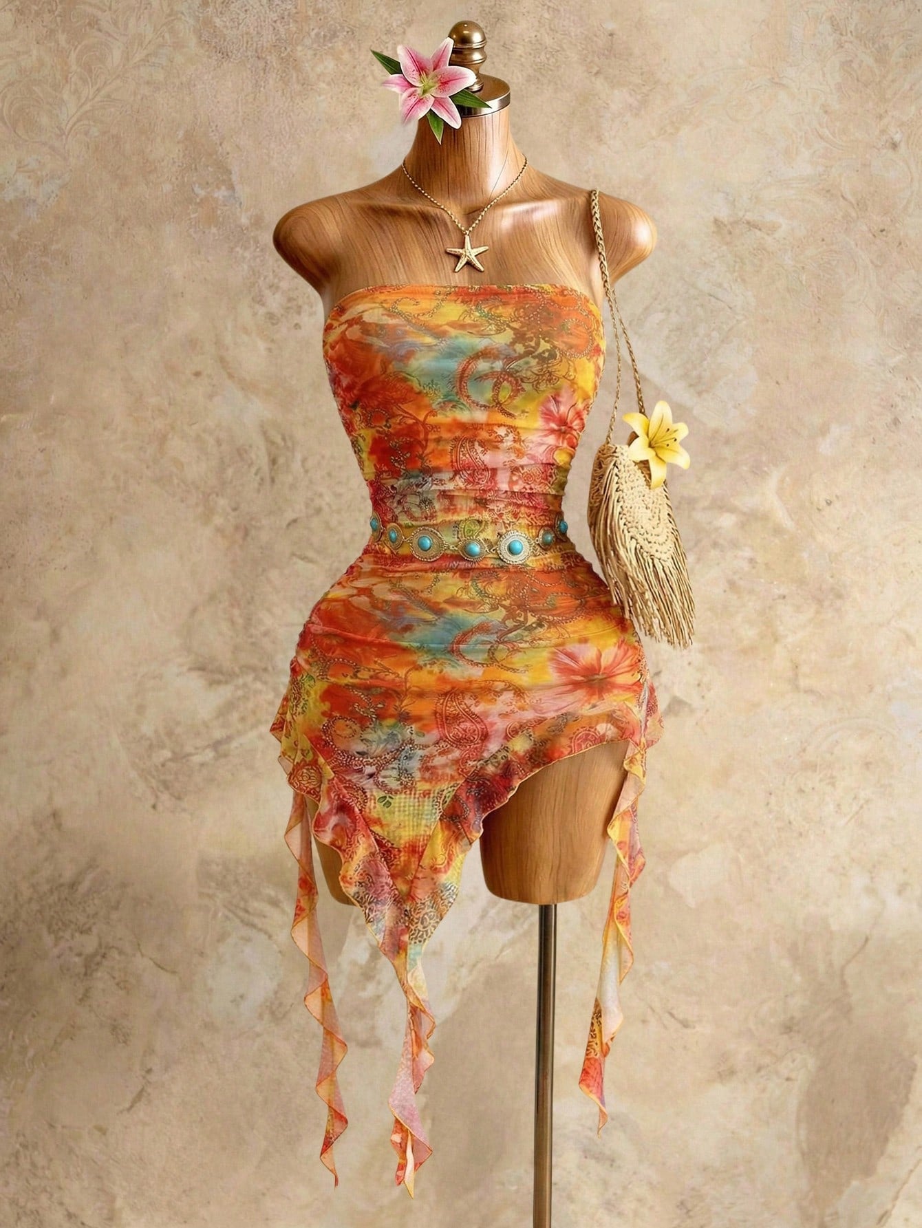 Swim SXY Women's Vacation Cashew Floral Print Patchwork Ruffle Asymmetric Hem Fitted Sexy Bandeau Dress,Vacation Outfits Women Elegant Summer