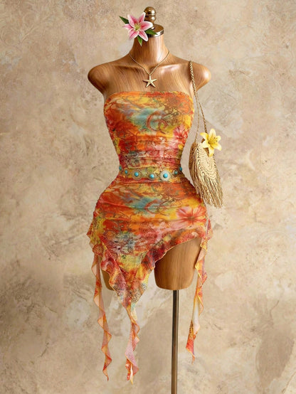 Swim SXY Women's Vacation Cashew Floral Print Patchwork Ruffle Asymmetric Hem Fitted Sexy Bandeau Dress,Vacation Outfits Women Elegant Summer