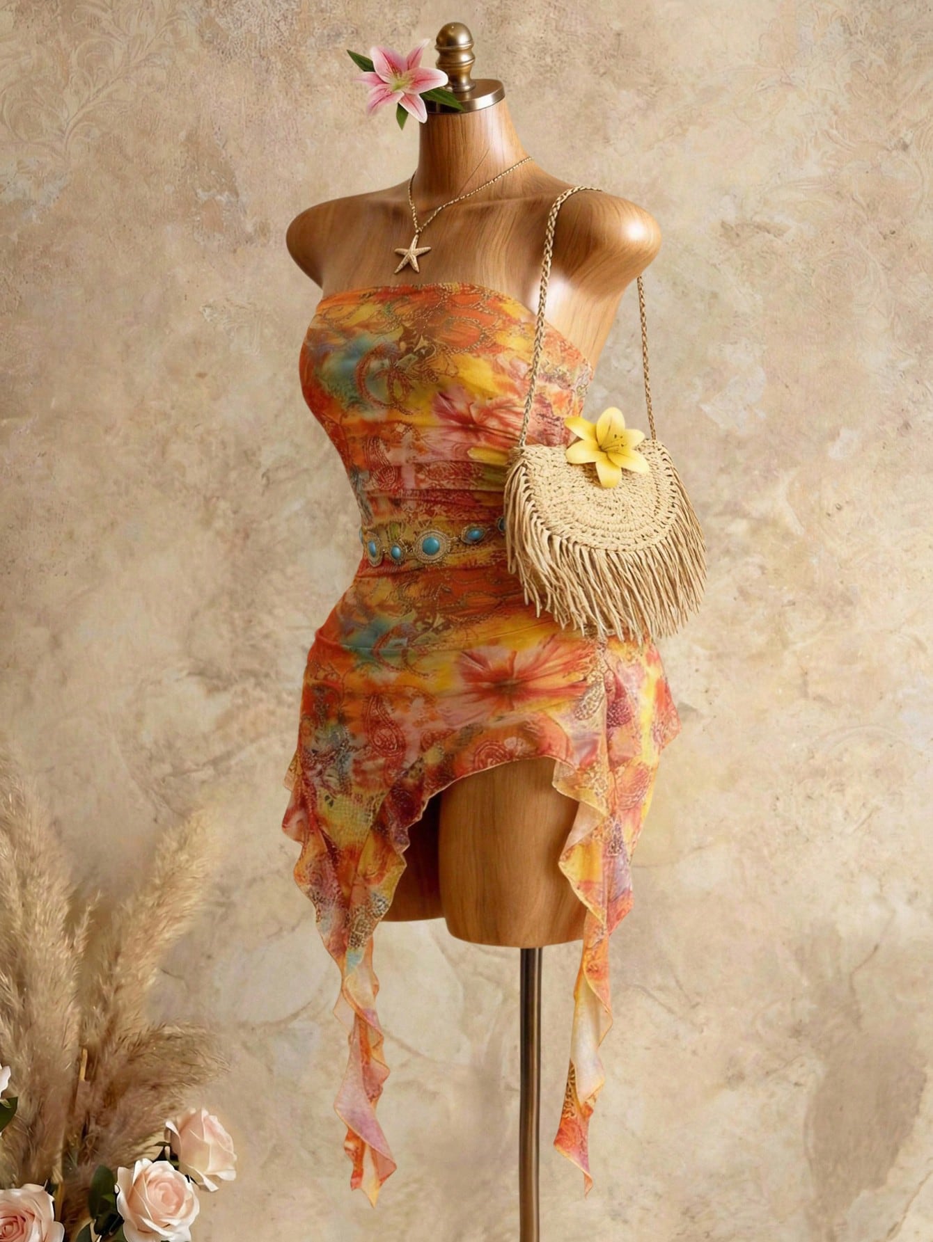 Swim SXY Women's Vacation Cashew Floral Print Patchwork Ruffle Asymmetric Hem Fitted Sexy Bandeau Dress,Vacation Outfits Women Elegant Summer