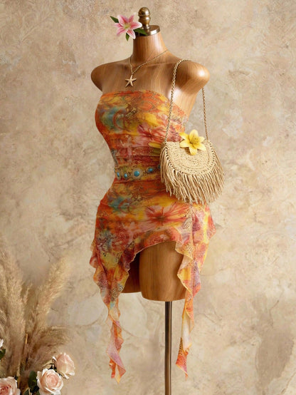 Swim SXY Women's Vacation Cashew Floral Print Patchwork Ruffle Asymmetric Hem Fitted Sexy Bandeau Dress,Vacation Outfits Women Elegant Summer