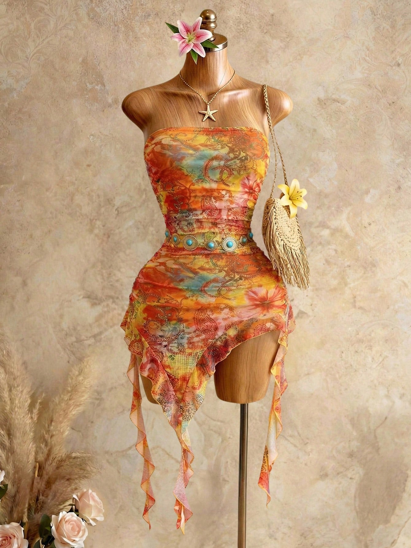 Swim SXY Women's Vacation Cashew Floral Print Patchwork Ruffle Asymmetric Hem Fitted Sexy Bandeau Dress,Vacation Outfits Women Elegant Summer