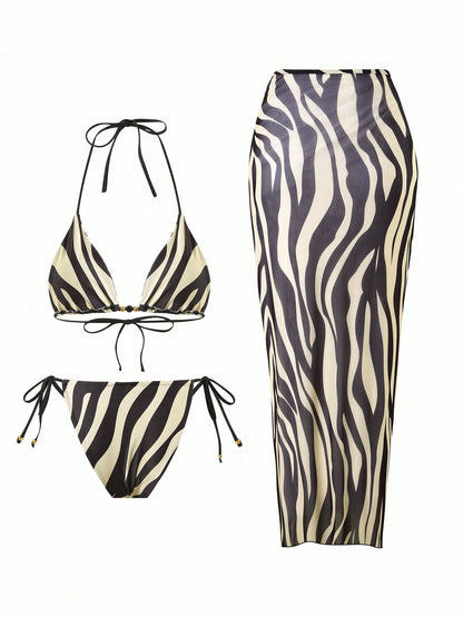 Swim SXY Women Sexy Zebra Print Holiday Suit 3 PiecesSwimwear Set: Beach Dress + Bikini For Summer Beach Vacation