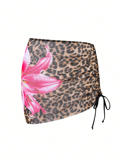 Swim Vcay 1 Piece Women Leopard Butterfly Print Drawstring Coverup & Skirt Set, Print Design Assorted For Summer Beach Vacation