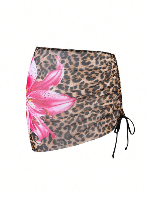 Swim Vcay 1 Piece Women Leopard Butterfly Print Drawstring Coverup & Skirt Set, Print Design Assorted For Summer Beach Vacation