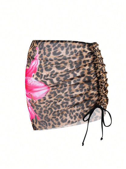 Swim Vcay 1 Piece Women Leopard Butterfly Print Drawstring Coverup & Skirt Set, Print Design Assorted For Summer Beach Vacation
