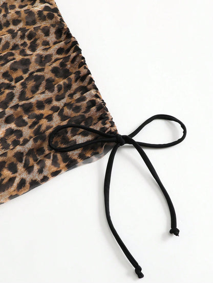 Swim Vcay 1 Piece Women Leopard Butterfly Print Drawstring Coverup & Skirt Set, Print Design Assorted For Summer Beach Vacation