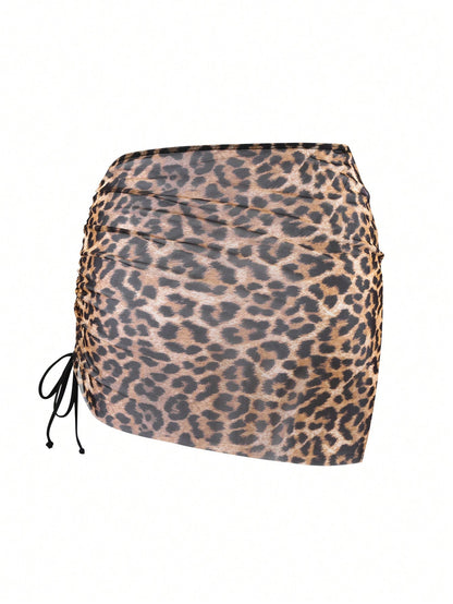 Swim Vcay 1 Piece Women Leopard Butterfly Print Drawstring Coverup & Skirt Set, Print Design Assorted For Summer Beach Vacation