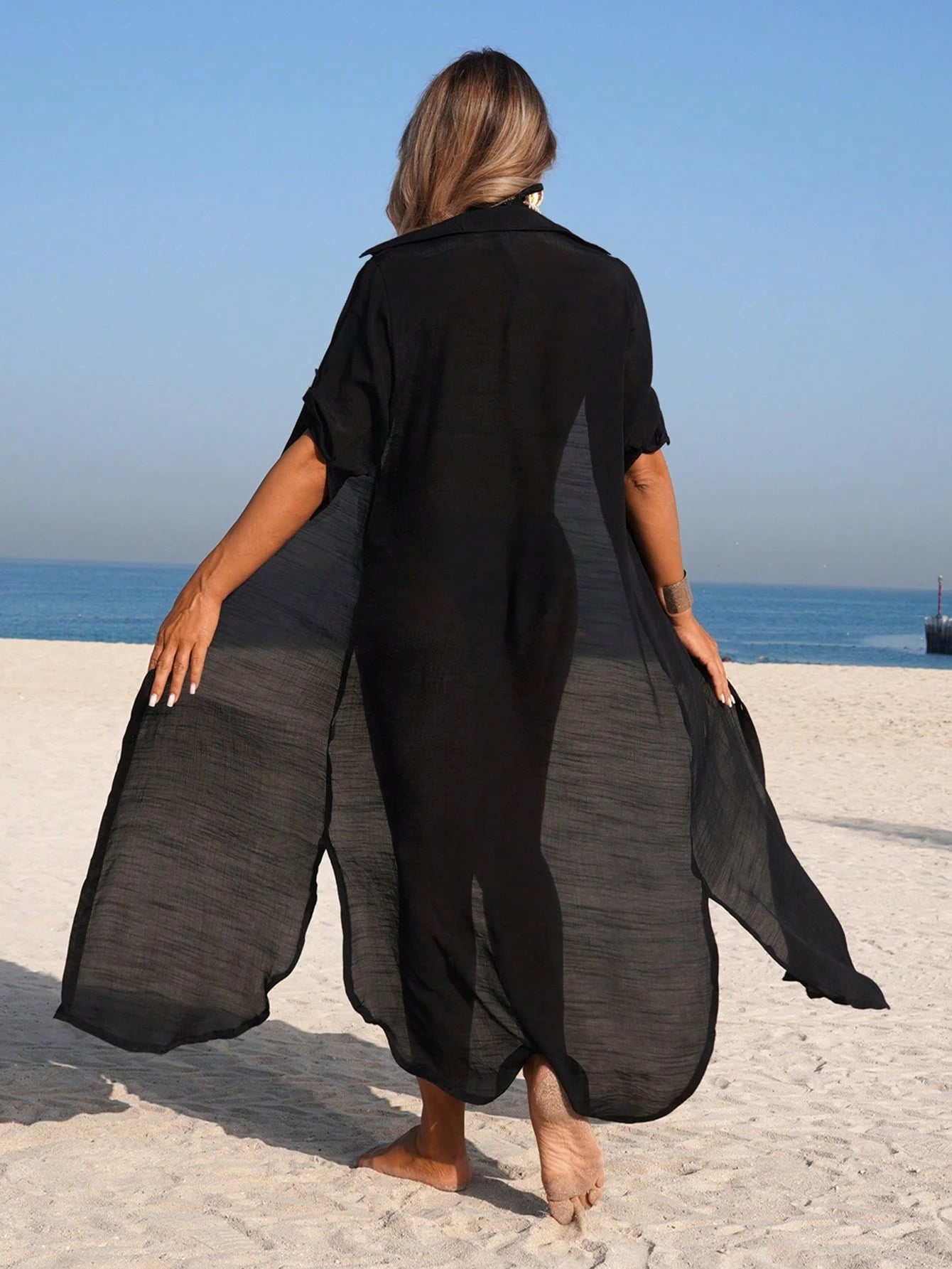 Swim Vcay 1pc Women's Solid Color Long Sleeve Kimono Cover Up, Fashion For Summer