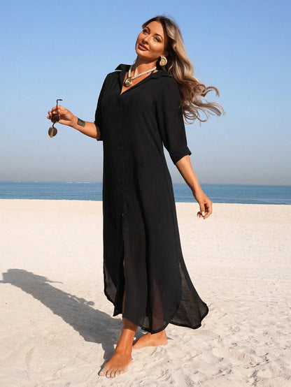 Swim Vcay 1pc Women's Solid Color Long Sleeve Kimono Cover Up, Fashion For Summer