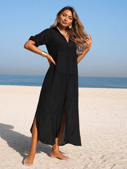 Swim Vcay 1pc Women's Solid Color Long Sleeve Kimono Cover Up, Fashion For Summer