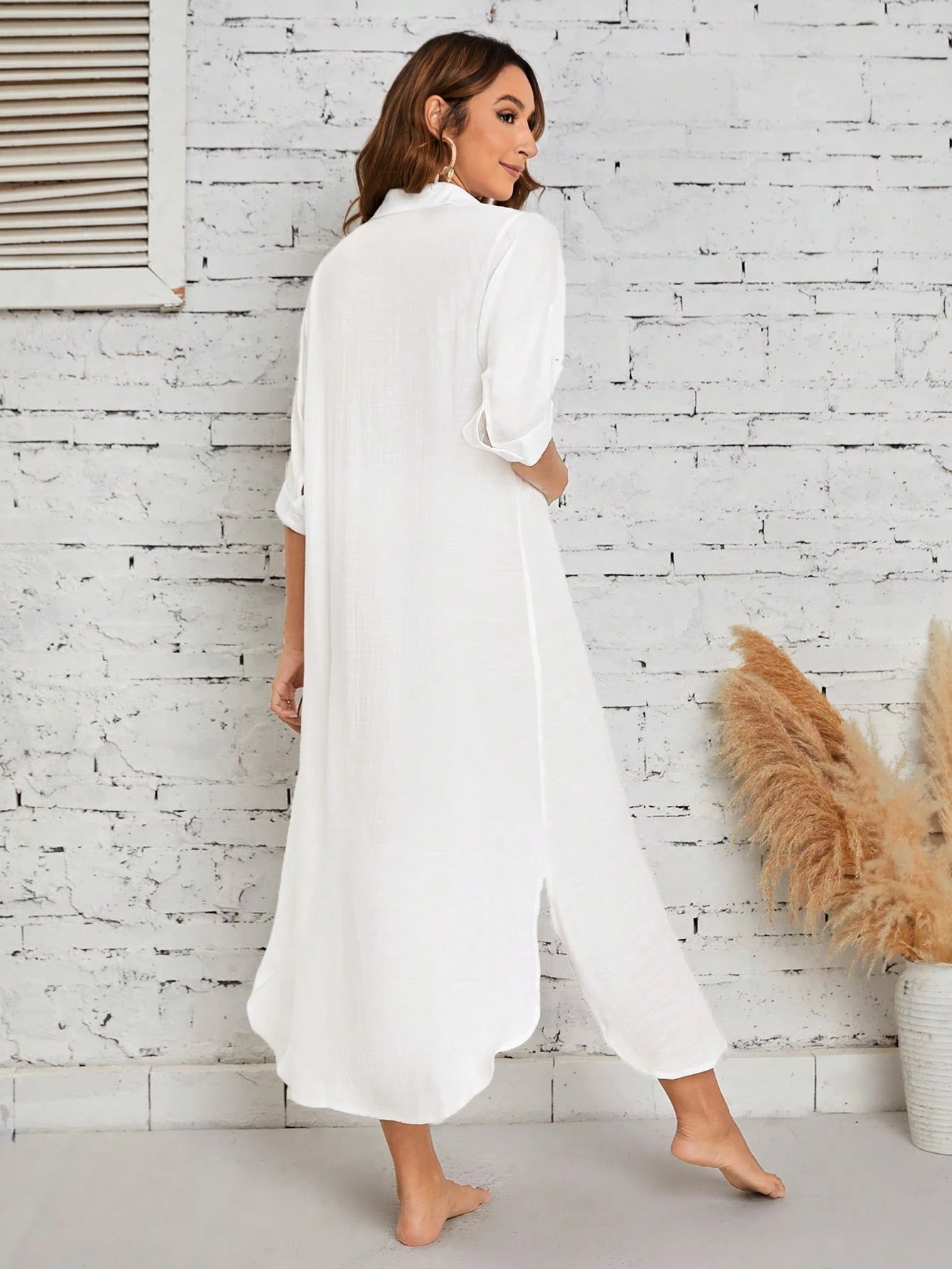 Swim Vcay 1pc Women's Solid Color Long Sleeve Kimono Cover Up, Fashion For Summer