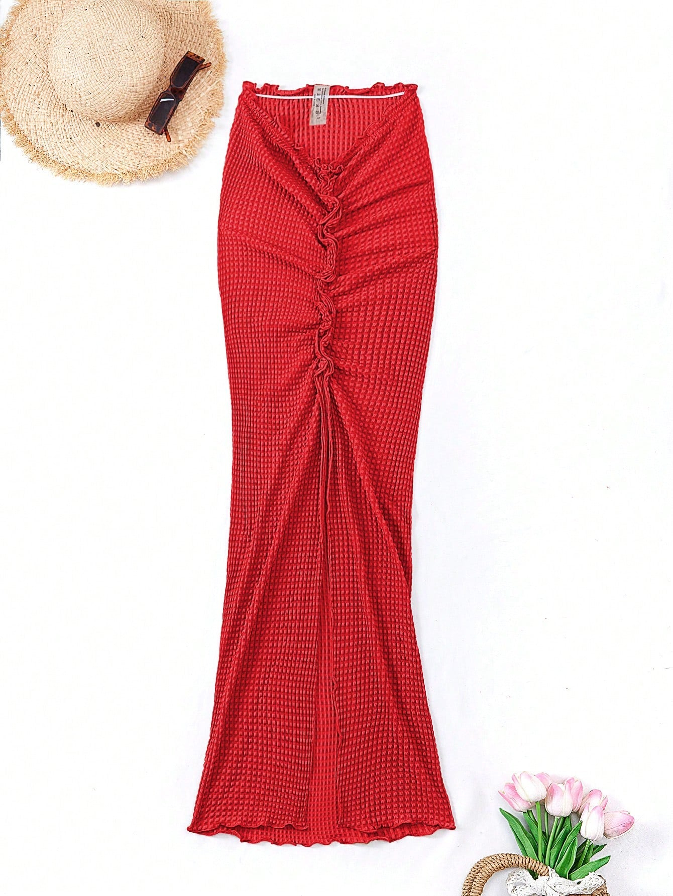 Swim Vcay 2025 Solid Color Ruched High Slit Wrap Skirt Set Summer