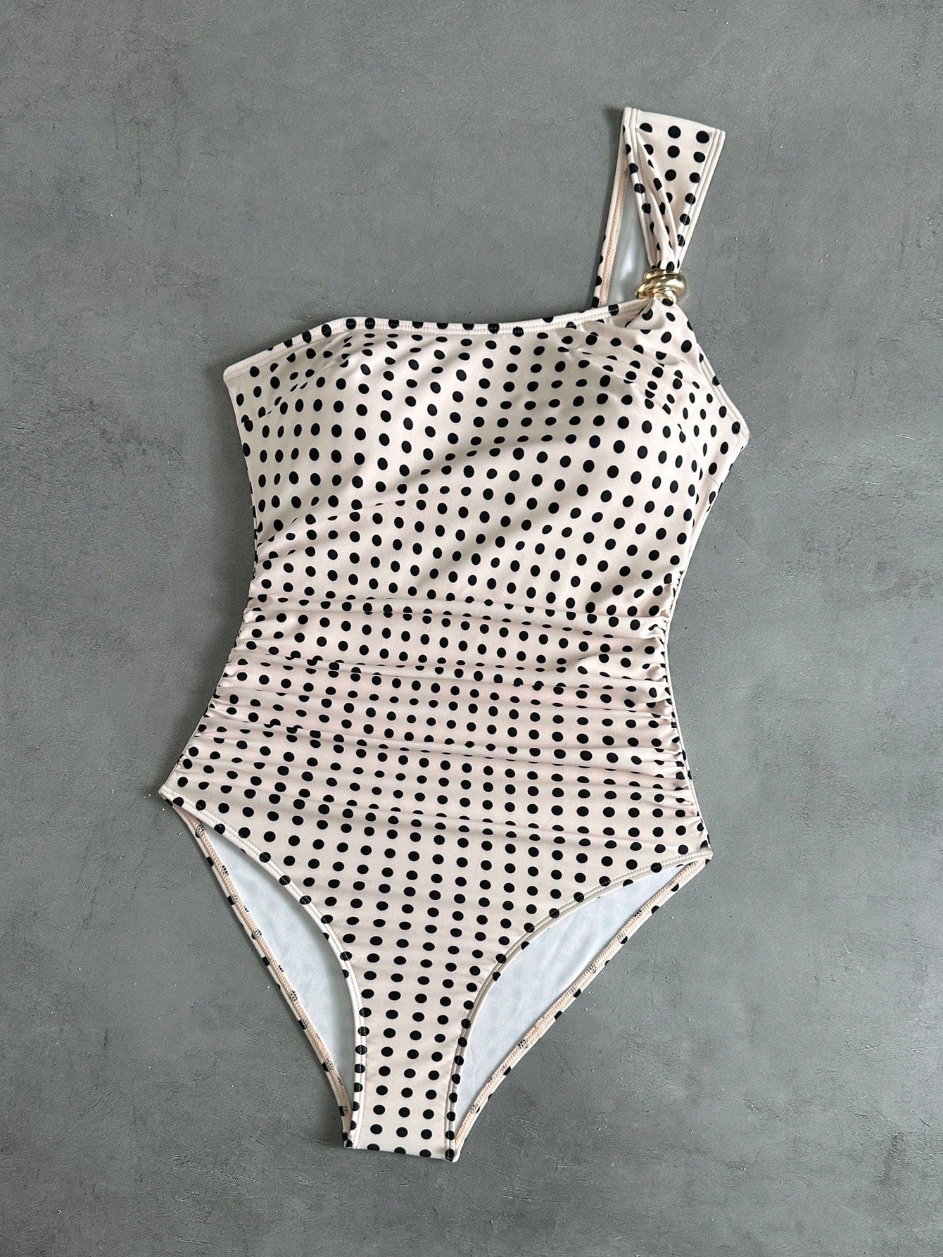 Swim Vcay 2026 New Elegant Black & White Polka Dot Print Asymmetric One Shoulder One-Piece Swimsuit For Women,Summer,Holiday,Pool Party,Vintage Beachwear