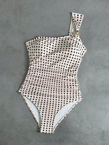 Swim Vcay 2026 New Elegant Black & White Polka Dot Print Asymmetric One Shoulder One-Piece Swimsuit For Women,Summer,Holiday,Pool Party,Vintage Beachwear