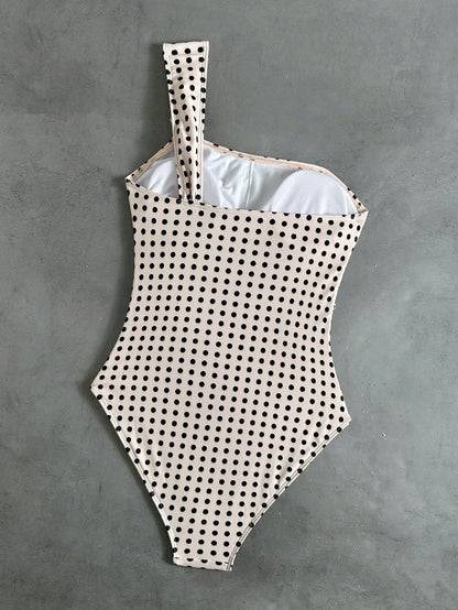 Swim Vcay 2026 New Elegant Black & White Polka Dot Print Asymmetric One Shoulder One-Piece Swimsuit For Women,Summer,Holiday,Pool Party,Vintage Beachwear