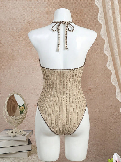 Swim Vcay 2026 New Spring/Summer Women's Style Halter Neck One-Piece Swimsuit, Hollow-Out Textured Design For Beach Holiday Casual Wear