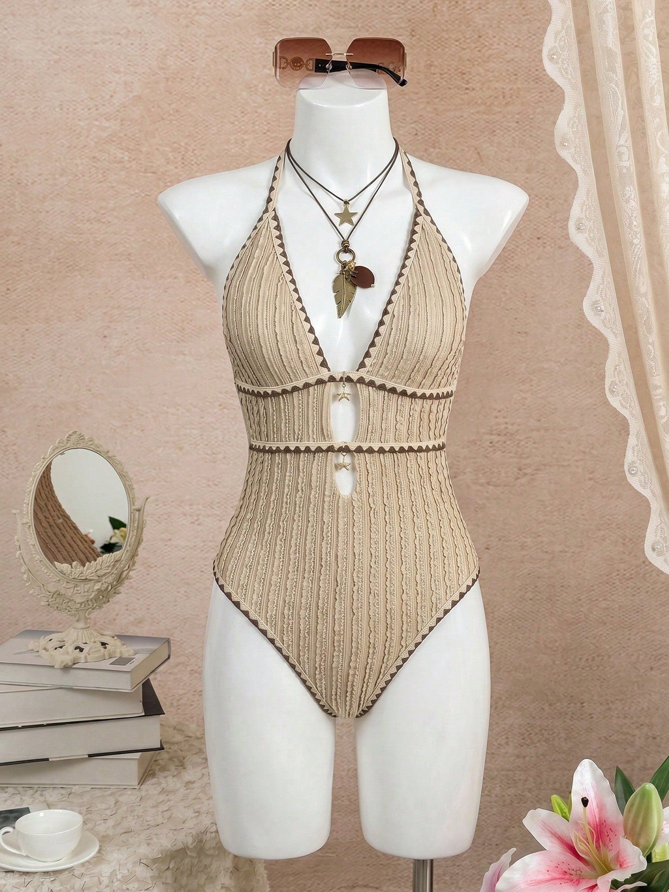 Swim Vcay 2026 New Spring/Summer Women's Style Halter Neck One-Piece Swimsuit, Hollow-Out Textured Design For Beach Holiday Casual Wear