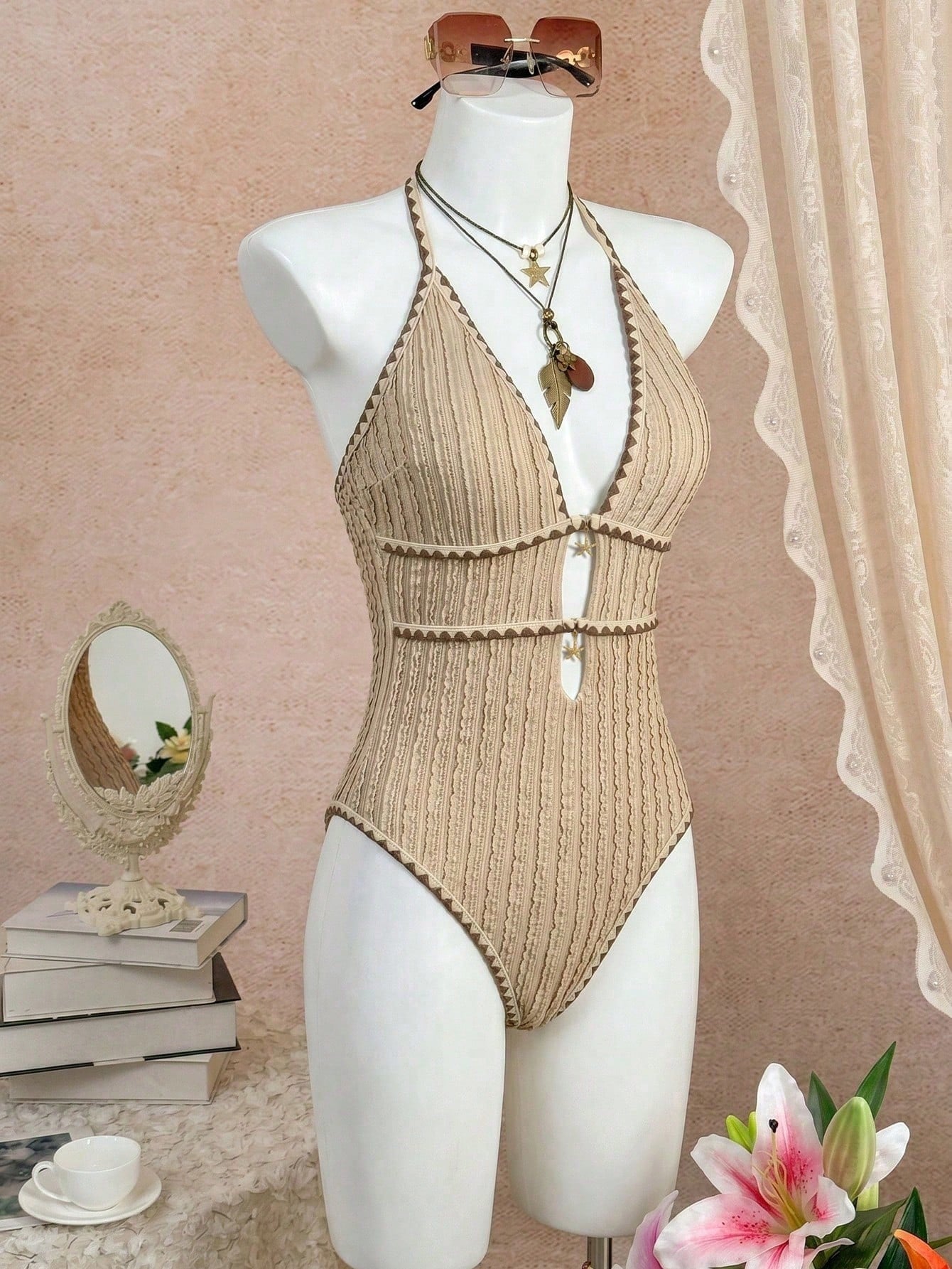 Swim Vcay 2026 New Spring/Summer Women's Style Halter Neck One-Piece Swimsuit, Hollow-Out Textured Design For Beach Holiday Casual Wear