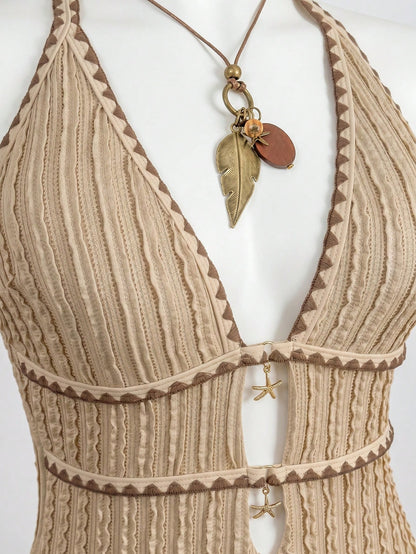 Swim Vcay 2026 New Spring/Summer Women's Style Halter Neck One-Piece Swimsuit, Hollow-Out Textured Design For Beach Holiday Casual Wear
